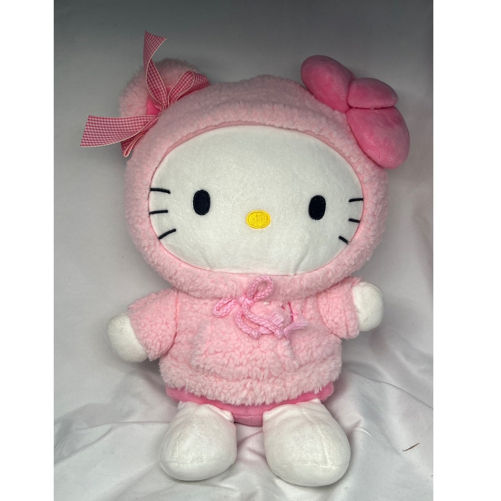 Sanrio Hello Kitty Plush Pink Sherpa Hoodie Gingham Bow Soft Toy Collectible